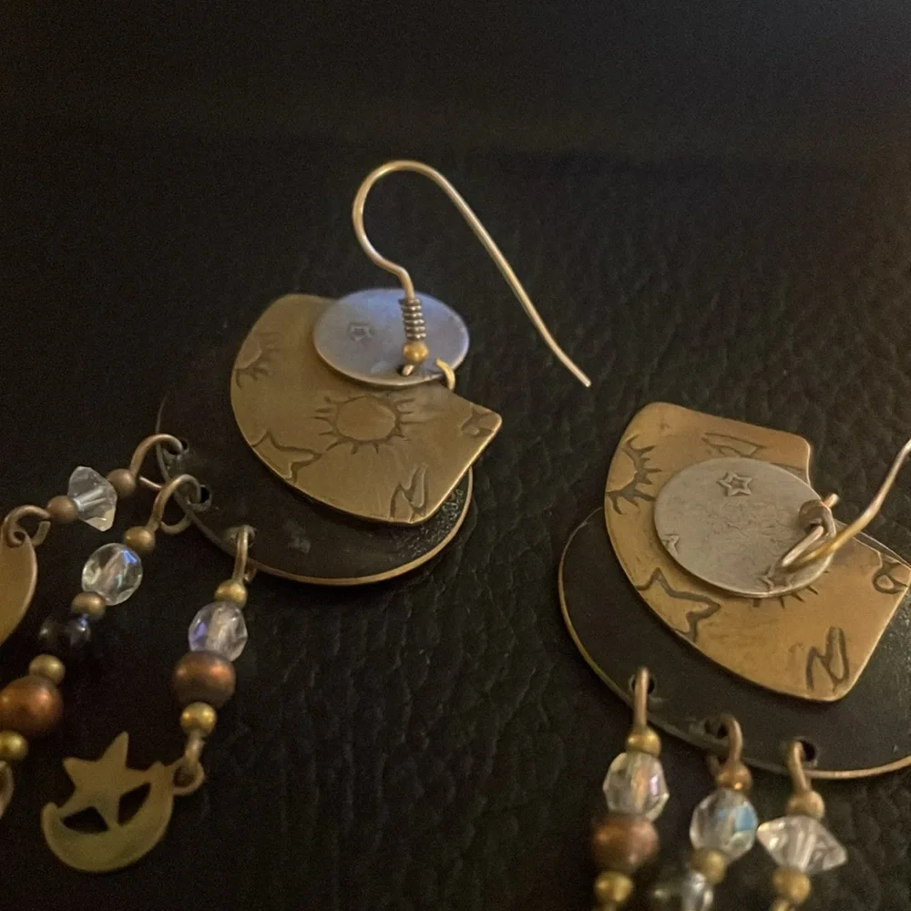 Vintage handmade stamped brass celestial style dangle drop earrings